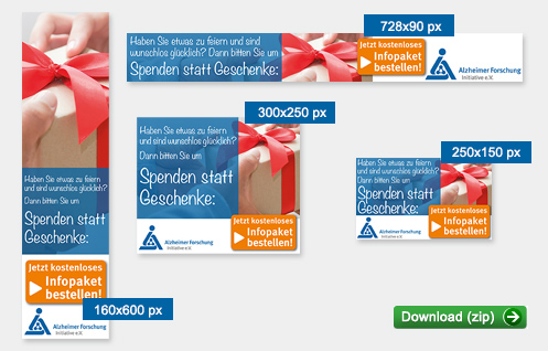 Übersichtgrafik mit vier Online-Bannergrößen des Motivs "Spenden statt Geschenke"