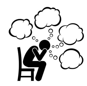 Symbol: Person mit gesenktem Kopf, umgeben von Gedankenwolken.