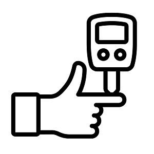 Symbol: Hand mit Blutzuckermessgerät – Thema Diabetes.